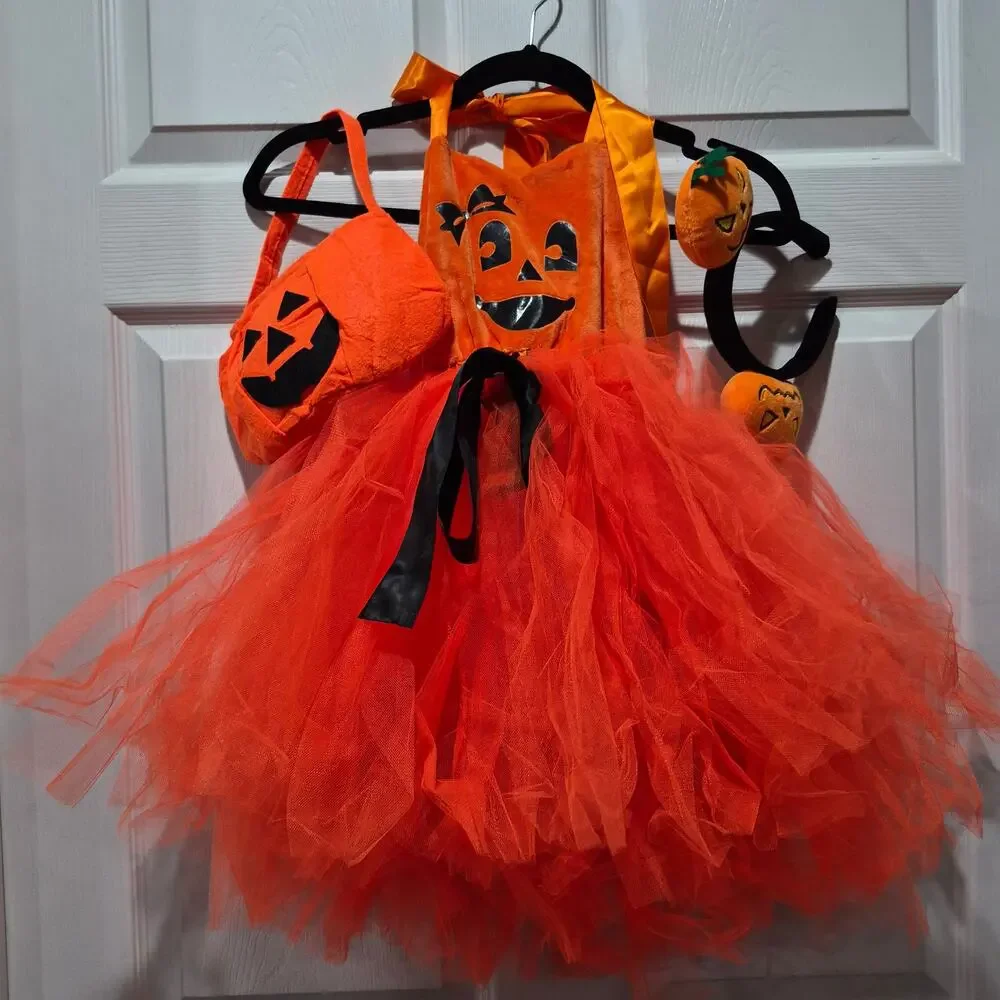 NEW Girls Halloween Pumpkin Dress Costume Tutu Cosplay Fancy Princess sz 4-5 yrs
